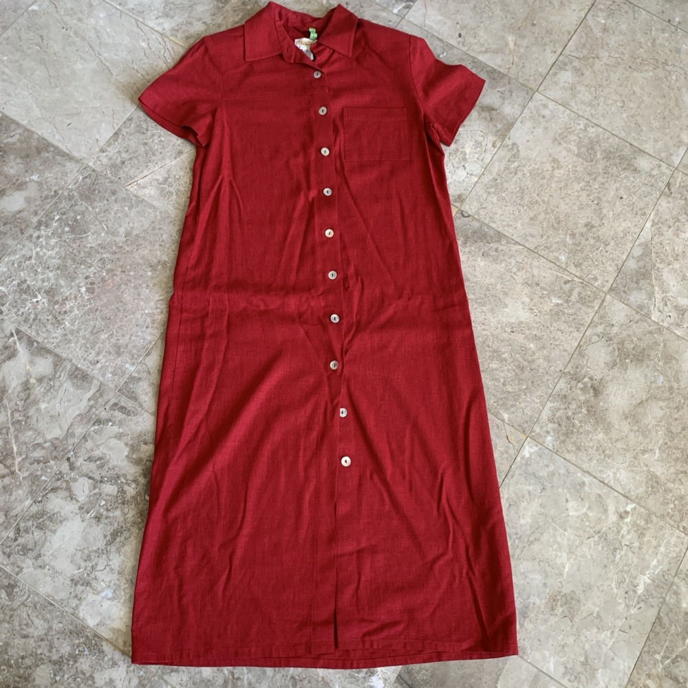 Vintage Talbots Dress Womens 6 Petite Cherry Red Maxi Button Up Linen Blend USA